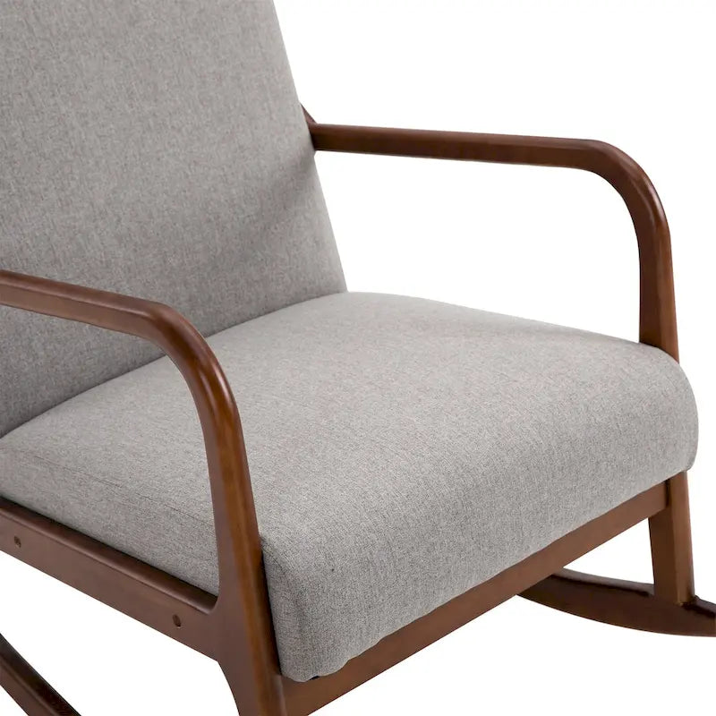 Grey Modern High Back Rocking Chair — Linen Fabric, Solid Wood Base, 330 lb