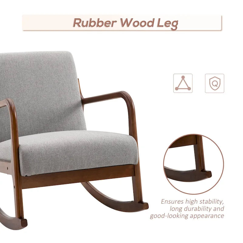 Grey Modern High Back Rocking Chair — Linen Fabric, Solid Wood Base, 330 lb
