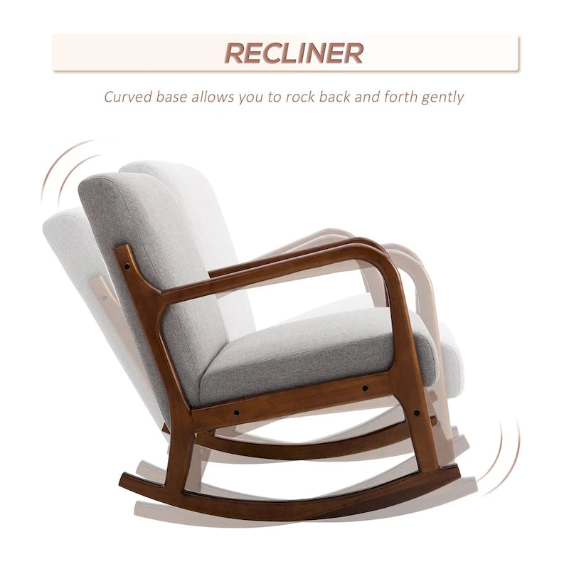 Grey Modern High Back Rocking Chair — Linen Fabric, Solid Wood Base, 330 lb