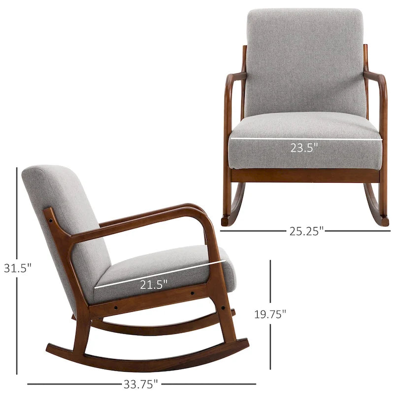 Grey Modern High Back Rocking Chair — Linen Fabric, Solid Wood Base, 330 lb