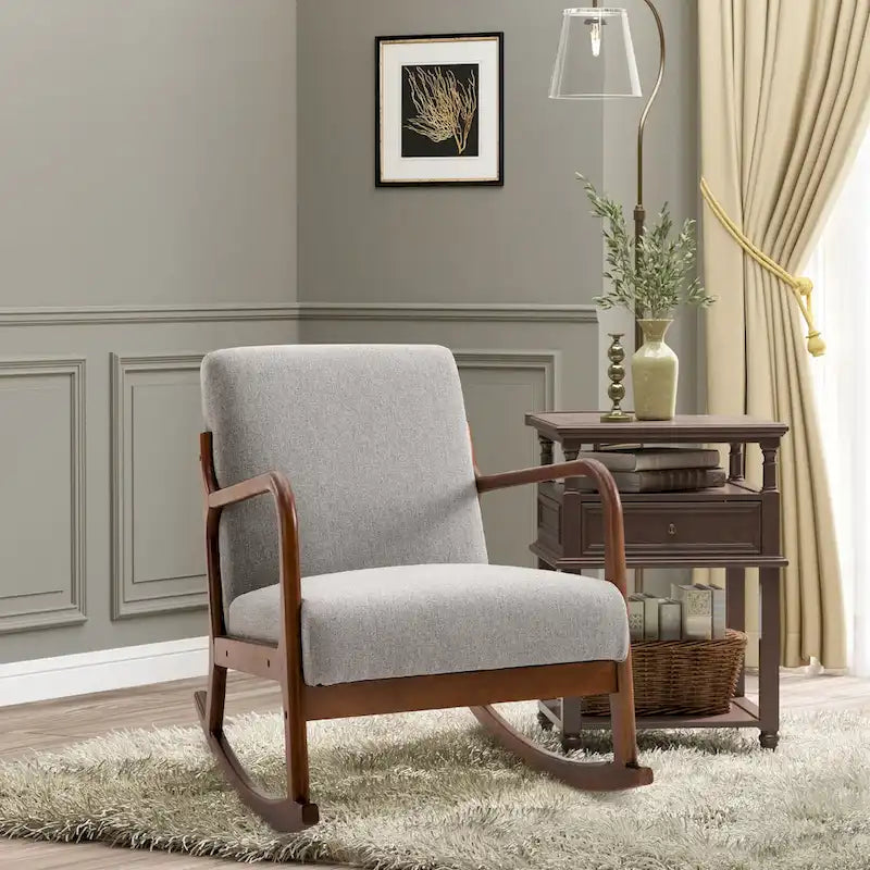 Grey Modern High Back Rocking Chair — Linen Fabric, Solid Wood Base, 330 lb