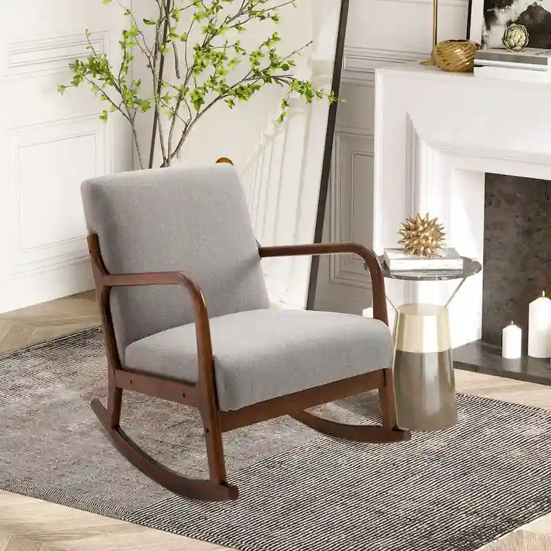 Grey Modern High Back Rocking Chair — Linen Fabric, Solid Wood Base, 330 lb