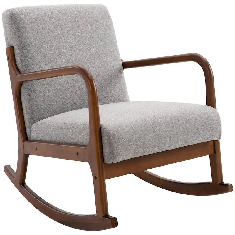 Grey Modern High Back Rocking Chair — Linen Fabric, Solid Wood Base, 330 lb