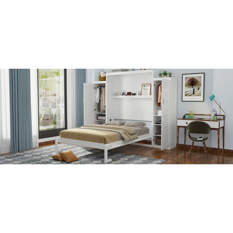 Full Size Murphy Bed with Two Wardrobe and Storage Shelf