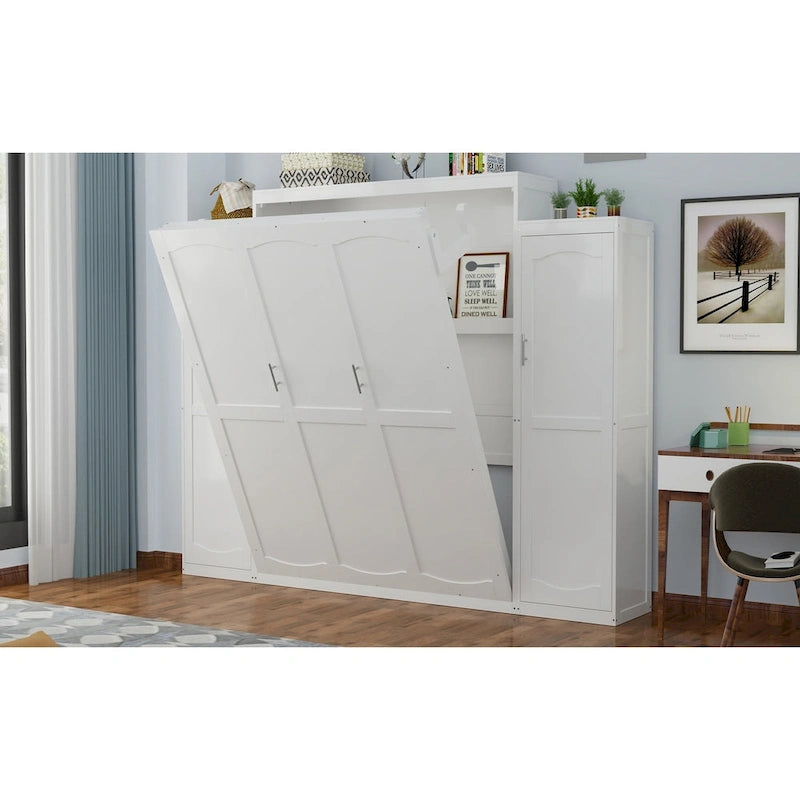 Full Size Murphy Bed with Two Wardrobe and Storage Shelf
