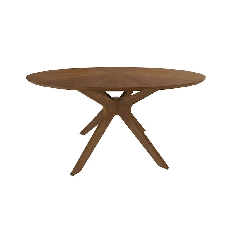 59-Inch Round Walnut Dining Table — Sunburst Veneer Top, Seats 6