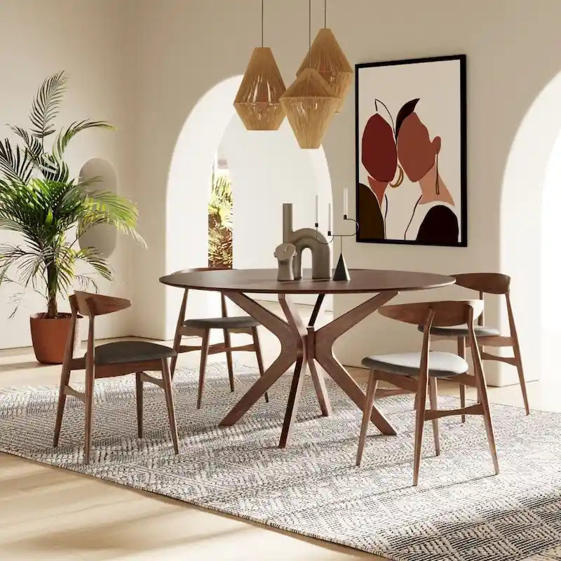 59-Inch Round Walnut Dining Table — Sunburst Veneer Top, Seats 6