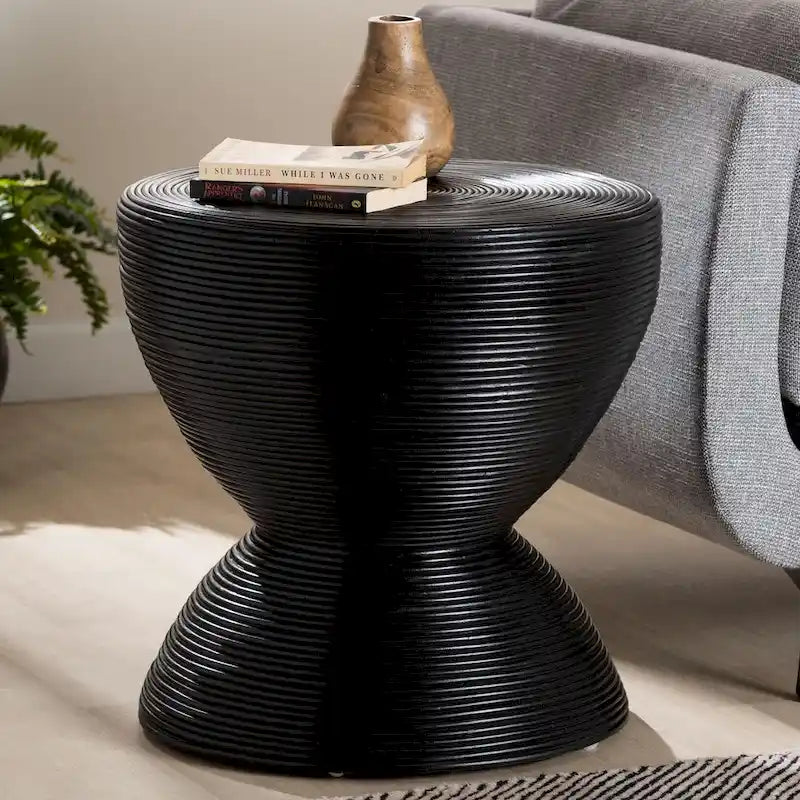 Laminated Natural Rattan Hourglass Side Table — Boho Chic, Fully Assembled