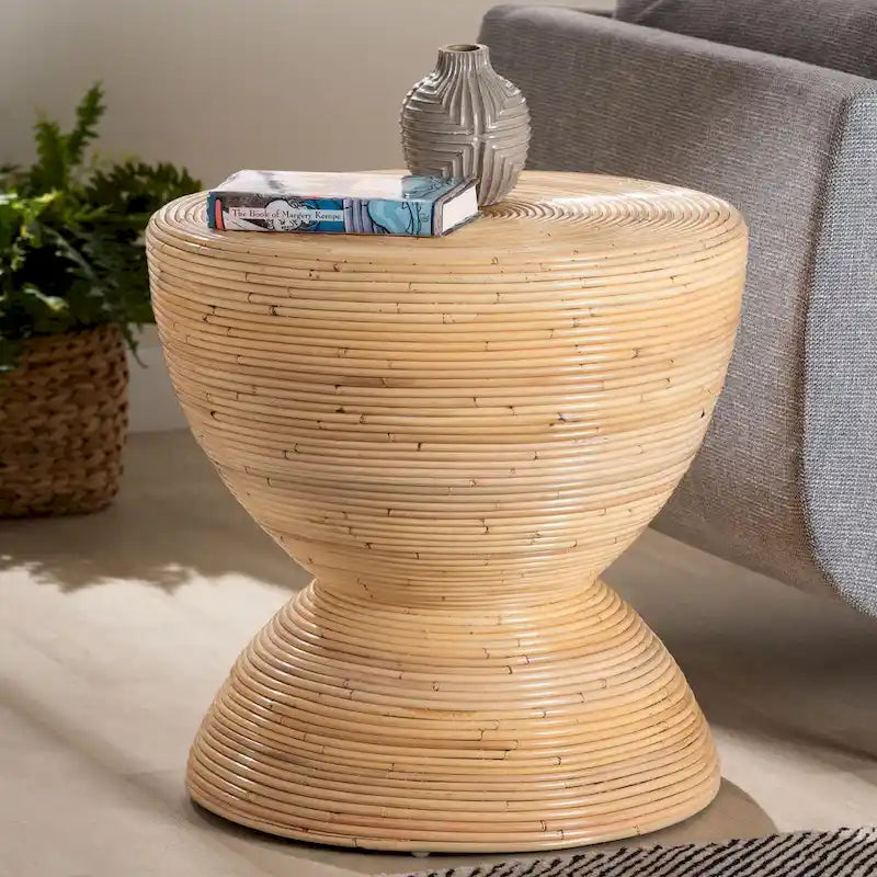 Laminated Natural Rattan Hourglass Side Table — Boho Chic, Fully Assembled