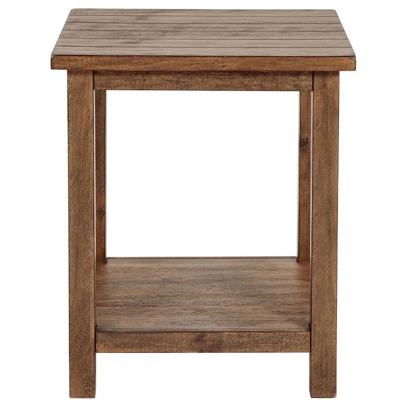 20-Inch Square Farmhouse Side End Table — Distressed Brown with Lower Shelf