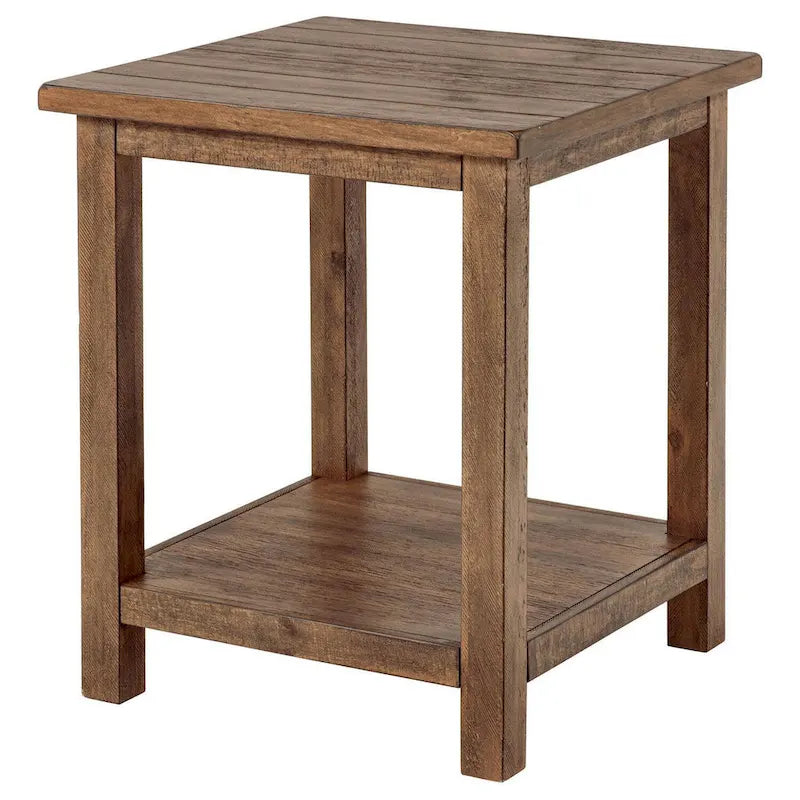 20-Inch Square Farmhouse Side End Table — Distressed Brown with Lower Shelf