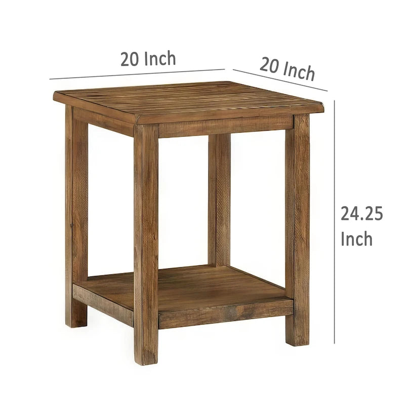 20-Inch Square Farmhouse Side End Table — Distressed Brown with Lower Shelf