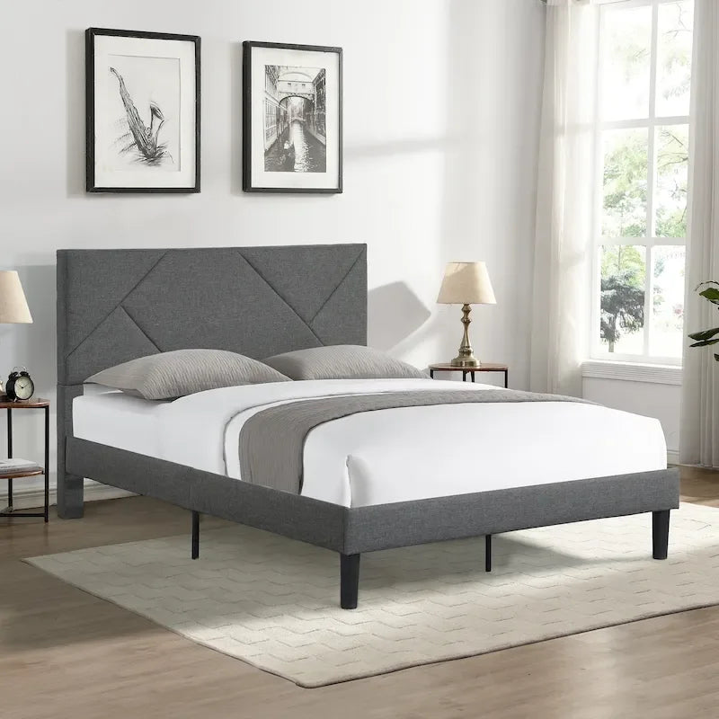 Queen Size Upholstered Bed with Wood Slat Support — 500 lb, No Box Spring