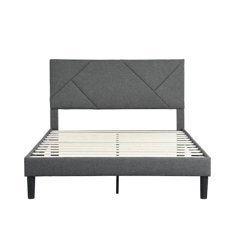 Queen Size Upholstered Bed with Wood Slat Support — 500 lb, No Box Spring