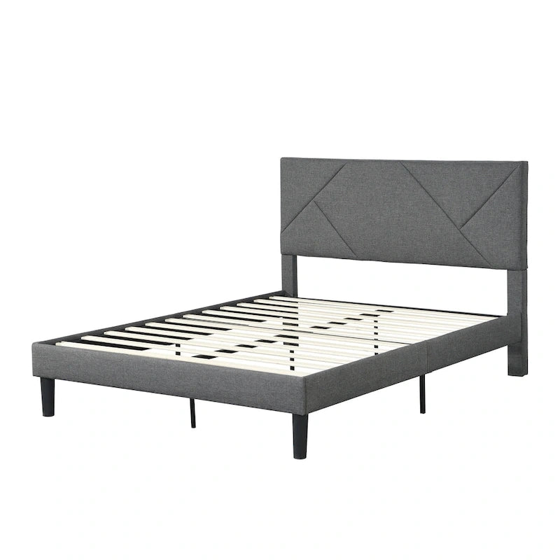 Queen Size Upholstered Bed with Wood Slat Support — 500 lb, No Box Spring