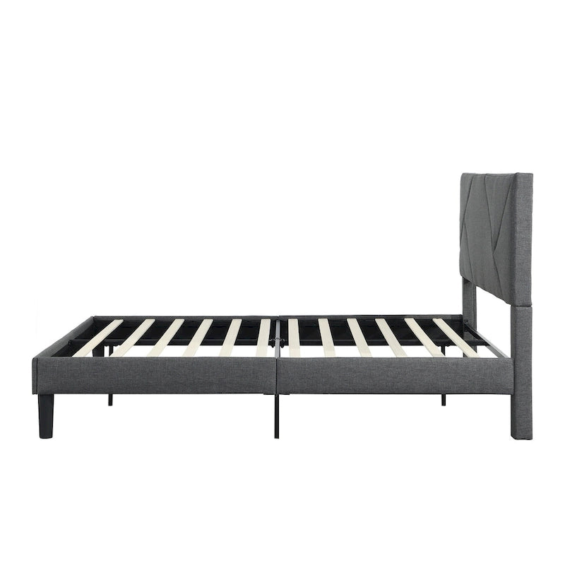 Queen Size Upholstered Bed with Wood Slat Support — 500 lb, No Box Spring