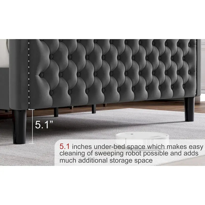 King Size Velvet Platform Bed with Upholstered Headboard — 500 lb Capacity