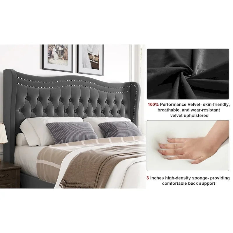 King Size Velvet Platform Bed with Upholstered Headboard — 500 lb Capacity
