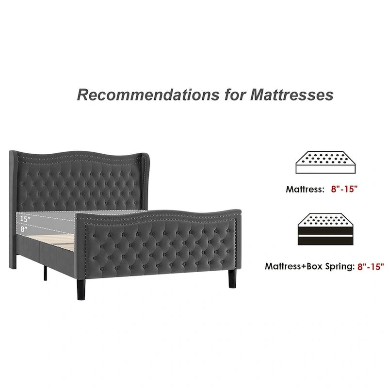 King Size Velvet Platform Bed with Upholstered Headboard — 500 lb Capacity