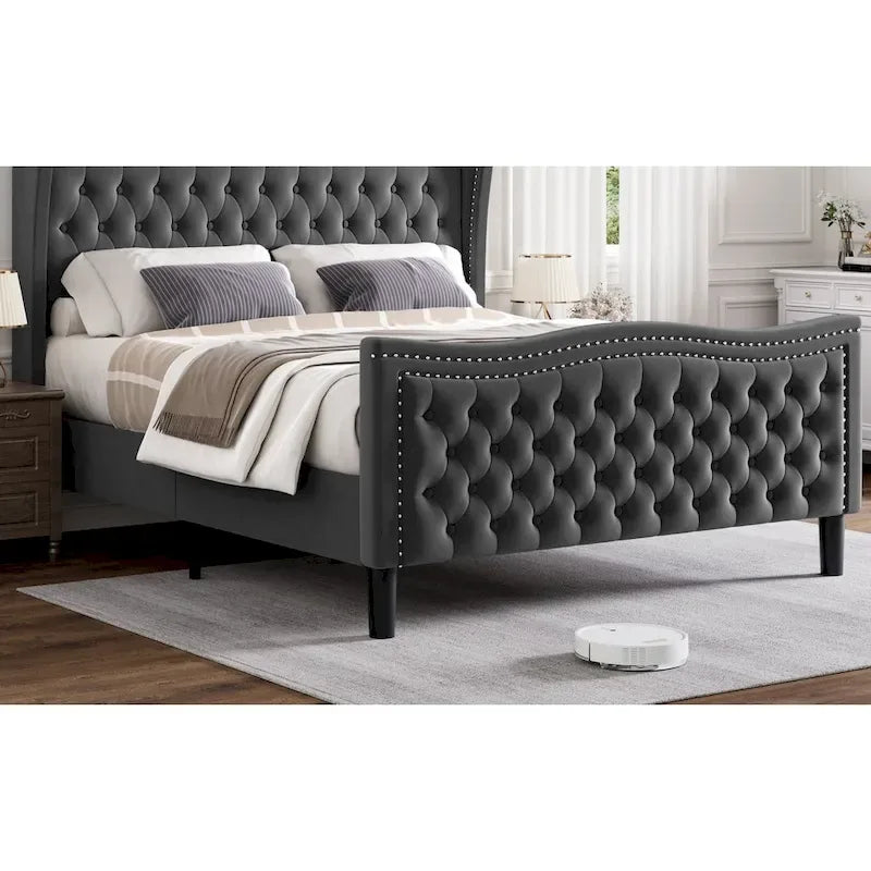 King Size Velvet Platform Bed with Upholstered Headboard — 500 lb Capacity