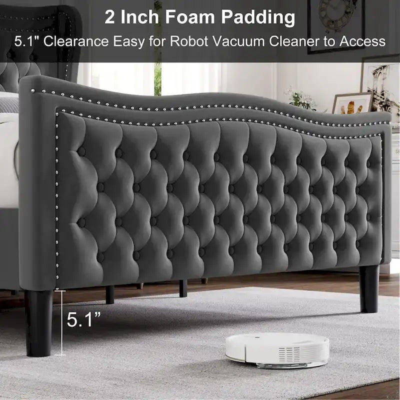 King Size Velvet Platform Bed with Upholstered Headboard — 500 lb Capacity