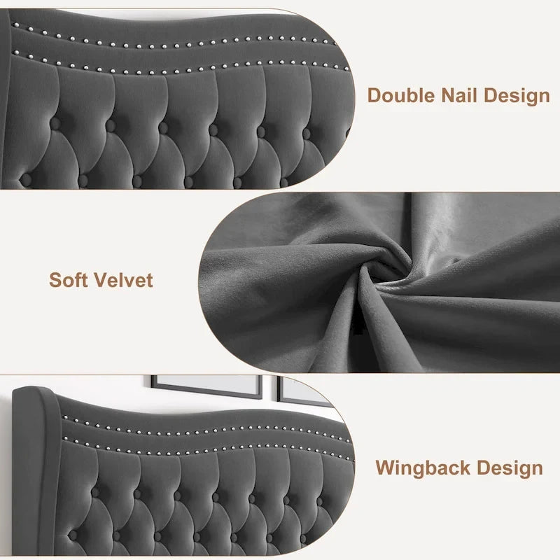 King Size Velvet Platform Bed with Upholstered Headboard — 500 lb Capacity