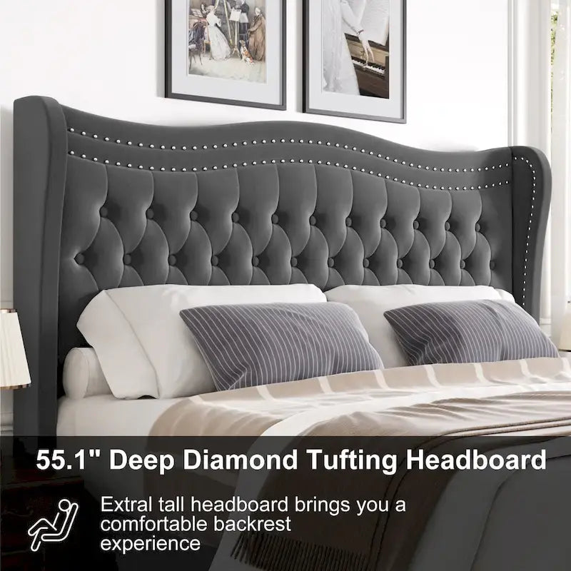 King Size Velvet Platform Bed with Upholstered Headboard — 500 lb Capacity