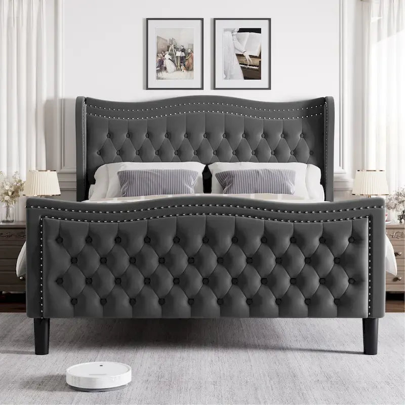 King Size Velvet Platform Bed with Upholstered Headboard — 500 lb Capacity