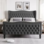 King Size Velvet Platform Bed with Upholstered Headboard — 500 lb Capacity