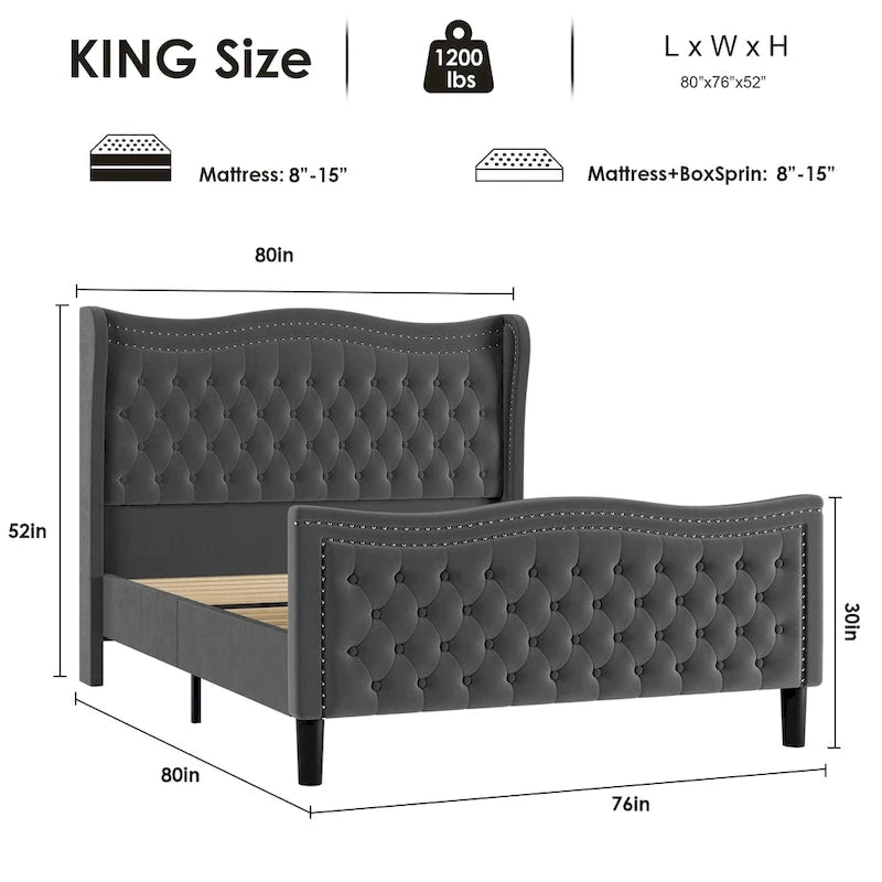 King Size Velvet Platform Bed with Upholstered Headboard — 500 lb Capacity