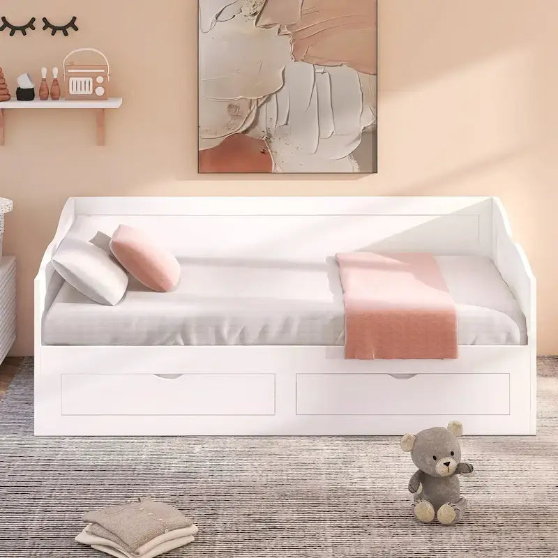 White Twin Pine Wood Extendable Daybed with 2 Storage Drawers