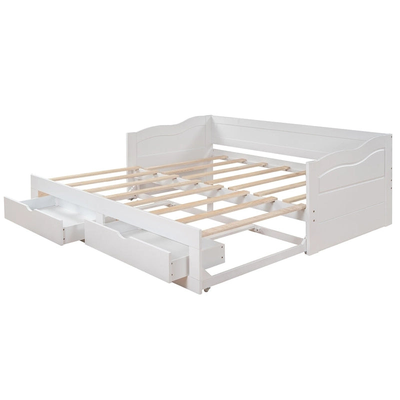 White Twin Pine Wood Extendable Daybed with 2 Storage Drawers