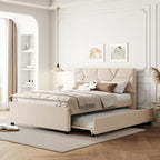 Linen Platform Bed with Trundle & Brick Pattern Headboard — 500 lb Capacity