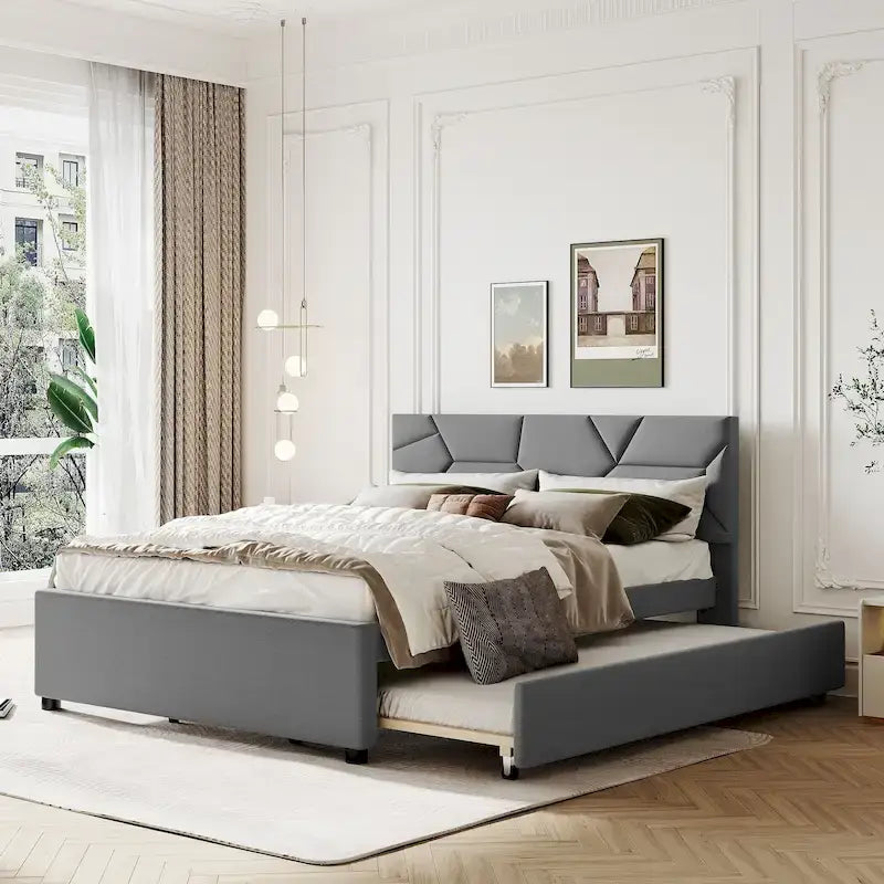 Linen Platform Bed with Trundle & Brick Pattern Headboard — 500 lb Capacity