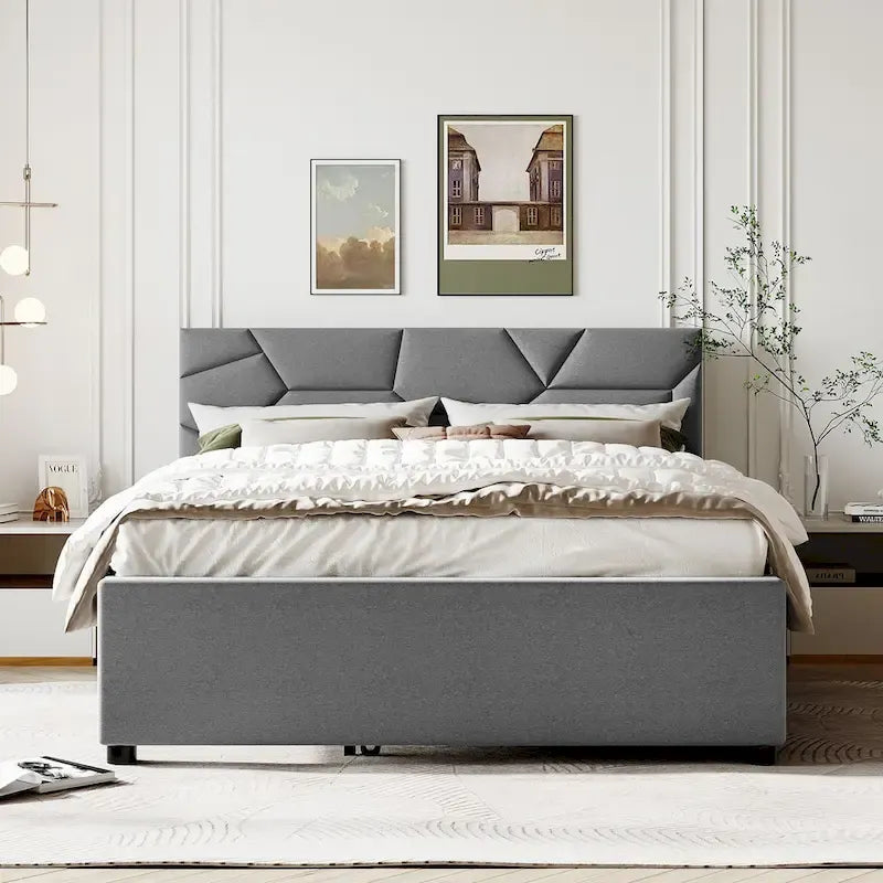 Linen Platform Bed with Trundle & Brick Pattern Headboard — 500 lb Capacity