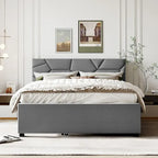 Linen Platform Bed with Trundle & Brick Pattern Headboard — 500 lb Capacity