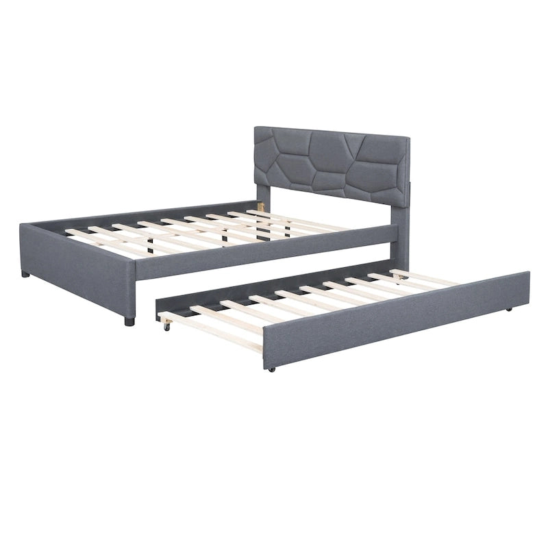 Linen Platform Bed with Trundle & Brick Pattern Headboard — 500 lb Capacity