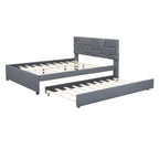 Linen Platform Bed with Trundle & Brick Pattern Headboard — 500 lb Capacity