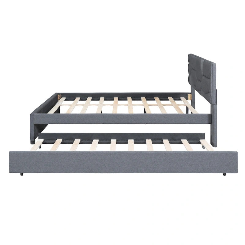 Linen Platform Bed with Trundle & Brick Pattern Headboard — 500 lb Capacity