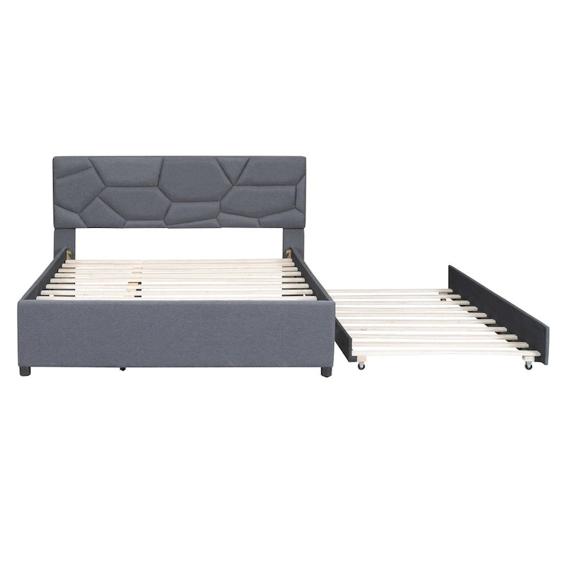 Linen Platform Bed with Trundle & Brick Pattern Headboard — 500 lb Capacity