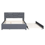 Linen Platform Bed with Trundle & Brick Pattern Headboard — 500 lb Capacity