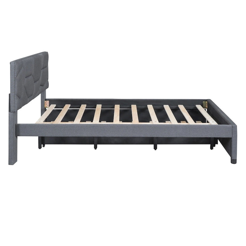 Linen Platform Bed with Trundle & Brick Pattern Headboard — 500 lb Capacity