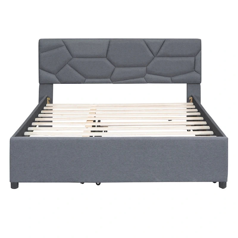 Linen Platform Bed with Trundle & Brick Pattern Headboard — 500 lb Capacity