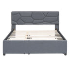 Linen Platform Bed with Trundle & Brick Pattern Headboard — 500 lb Capacity