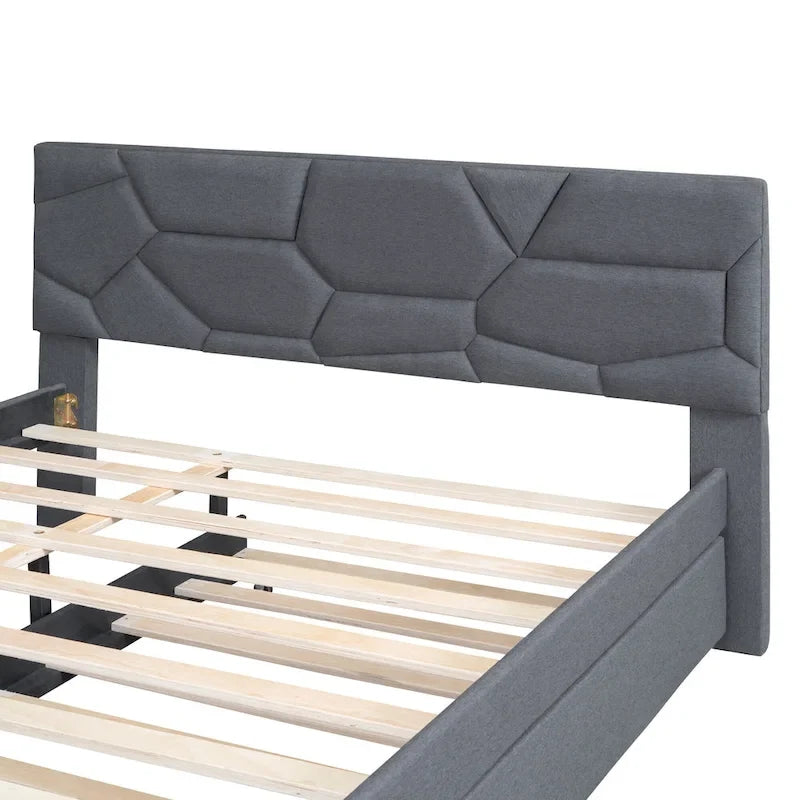 Linen Platform Bed with Trundle & Brick Pattern Headboard — 500 lb Capacity