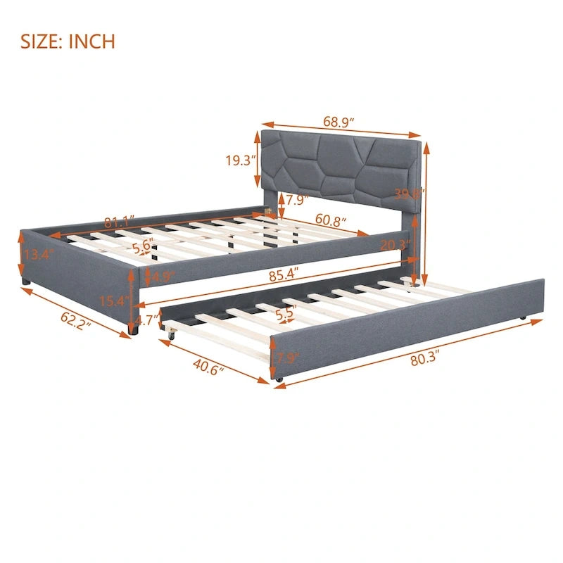 Linen Platform Bed with Trundle & Brick Pattern Headboard — 500 lb Capacity