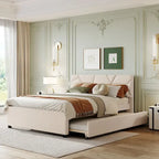 Linen Platform Bed with Trundle & Brick Pattern Headboard — 500 lb Capacity