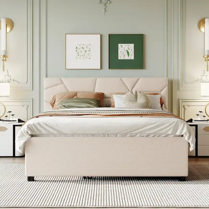 Linen Platform Bed with Trundle & Brick Pattern Headboard — 500 lb Capacity