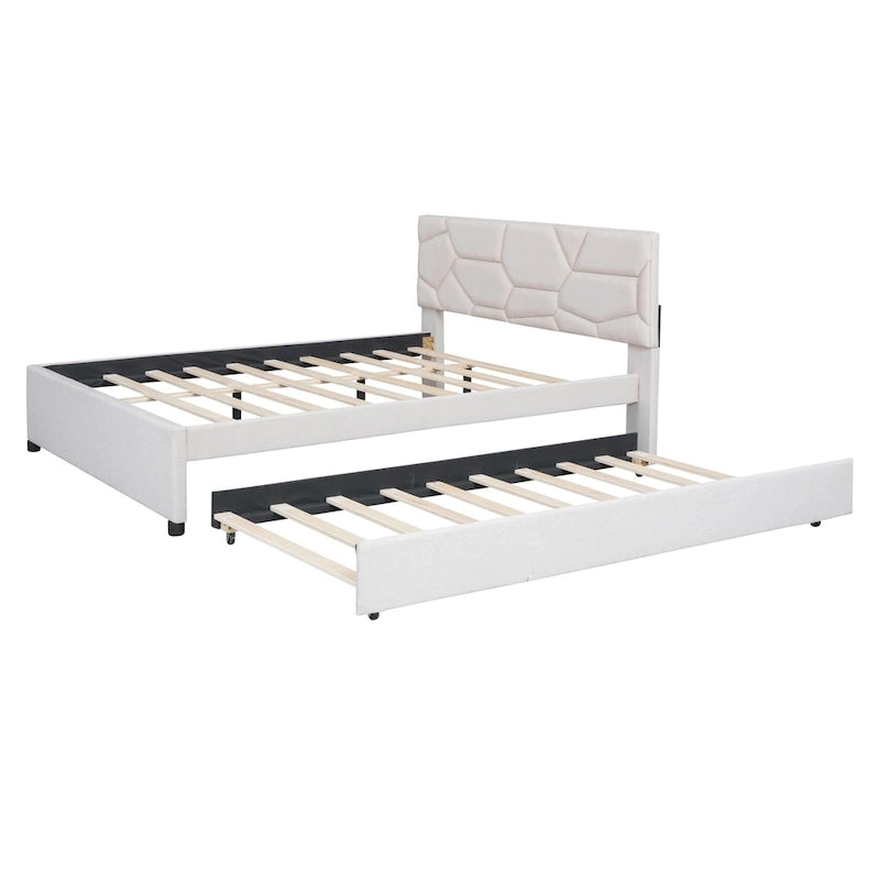 Linen Platform Bed with Trundle & Brick Pattern Headboard — 500 lb Capacity