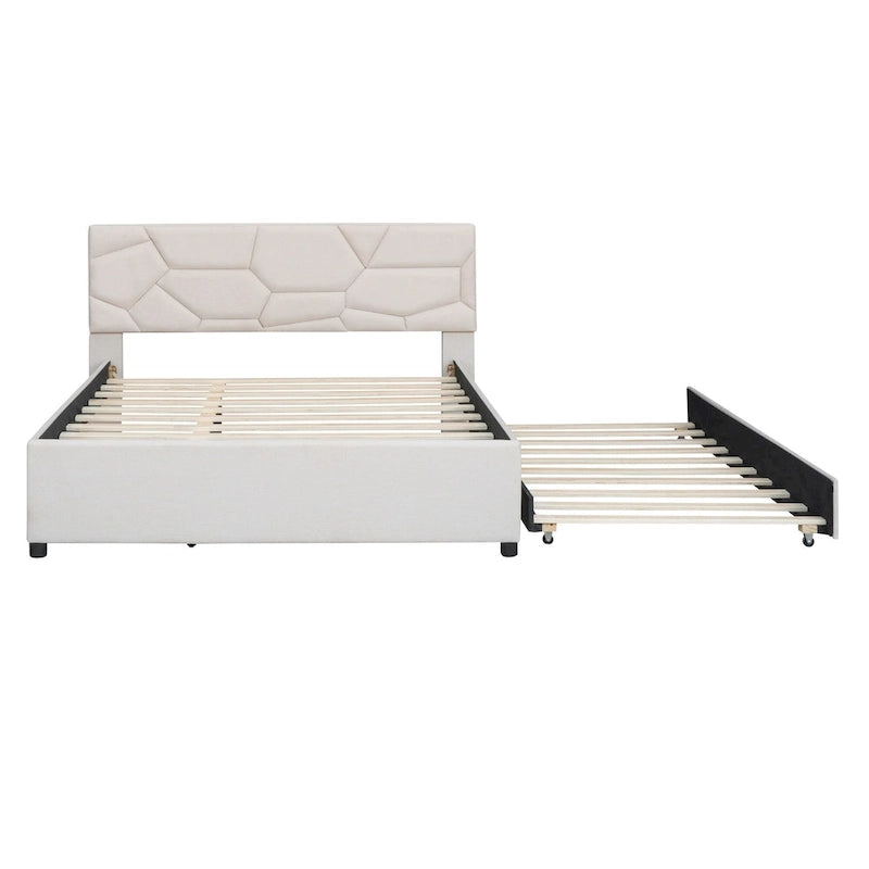 Linen Platform Bed with Trundle & Brick Pattern Headboard — 500 lb Capacity